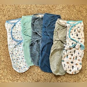 Swaddle set of 6 large swaddles in blues and grays with Velcro closures